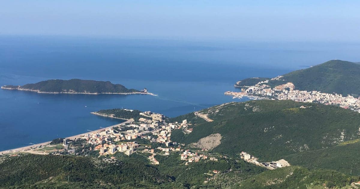Budva Riviera and Sveti Nikola island seen from the hills above Budva